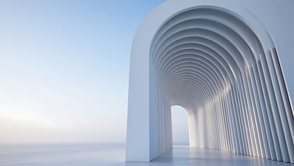 Obraz premium Minimalist white archway tunnel corridor leading to a clear open horizon under soft morning light