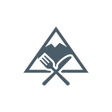 Mountain restaurant logo with fork and knife triangle.