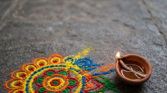 Diwali lamp and colorful rangoli pattern on stone floor