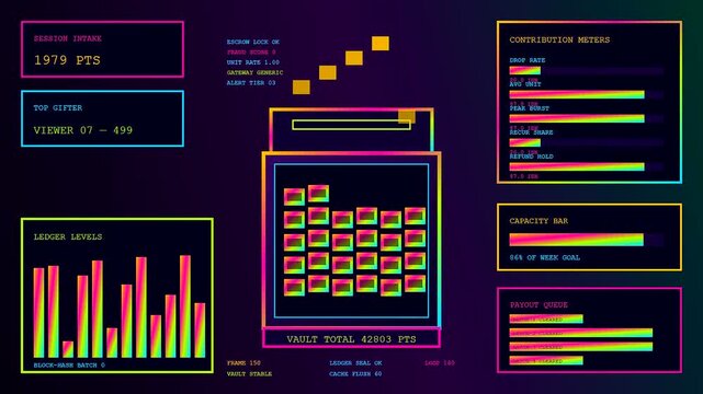 A digital streamer dashboard with animated data metrics and scrolling statistics displays glowing neon interfaces on a dark purple screen to illustrate live tracking of virtual systems