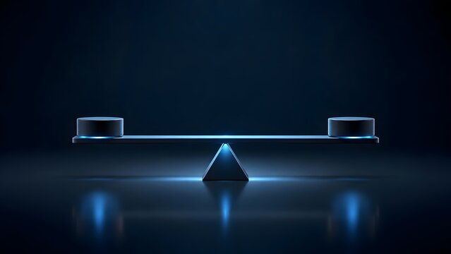 Minimalist balance concept with two black cylinders perfectly aligned on a glowing blue seesaw representing equality and stability