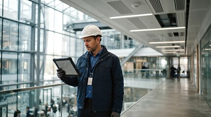 Fototapeta premium Building operations engineer reviewing a tablet in a smart office atrium with occupancy sensors, HVAC vents, and corridor panels