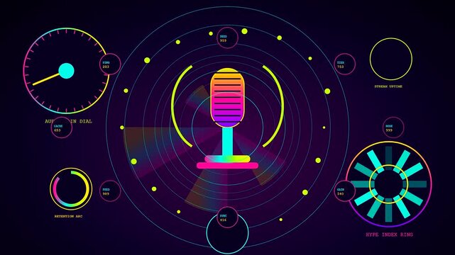 A vibrant streamer dashboard interface features a glowing microphone icon surrounded by rotating circular data gauges with radiant neon light pulses and digital analytic monitoring elements