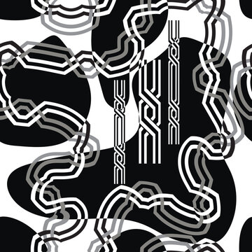 Abstract black and white seamless pattern with geometric wavy lines, organic shapes, and interwoven chain details. Modern monochrome vector texture for wallpaper, fabric, and print design.