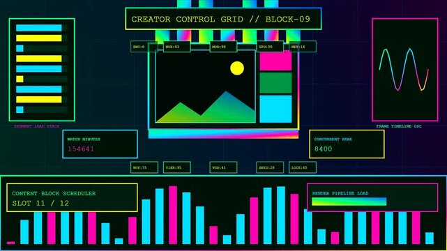A digital streamer dashboard with neon interface elements showing real time metrics and abstract graphs for visual data monitoring in a glowing colorful gaming environment