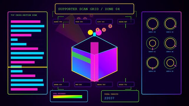 A colorful streamer dashboard interface displays fluctuating data metrics on a dark screen featuring animated geometric cube structures and glowing circular progress rings in cycles