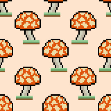 Seamless pattern with mushroom pixel art