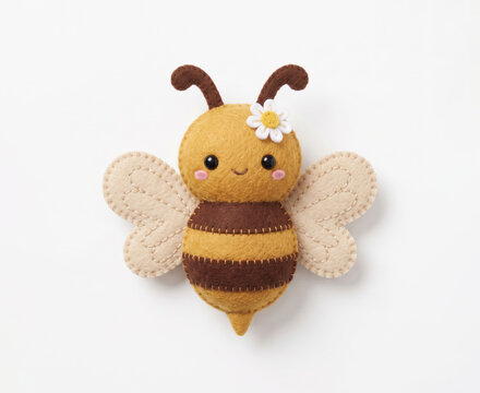 Abeja tierna de fieltro kawaii con alas y rayas sobre fondo transparente