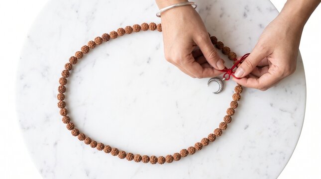 Hands tying a rudraksha mala with a crescent moon charm