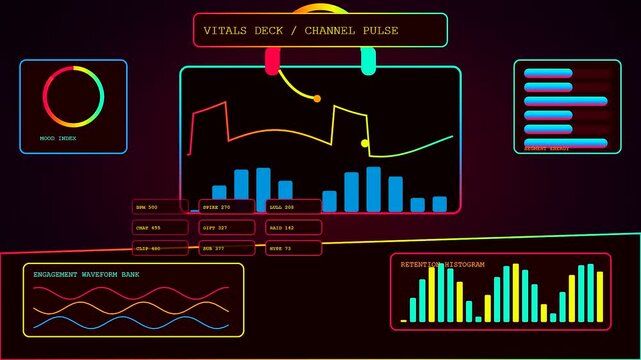 A futuristic streamer dashboard interface displays complex dynamic data analytics with neon glowing light bars and rhythmic wave patterns pulsating across a dark void backdrop