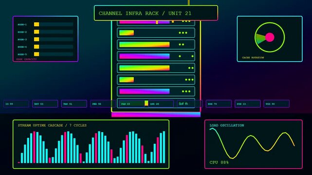 A digital streamer dashboard with animated light bars and scrolling frequency wave forms floats across a dark screen display showing active server node activity monitoring