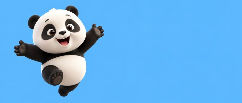 Cute 3d rendered panda character peeking from the side on a light blue background with copy banner format