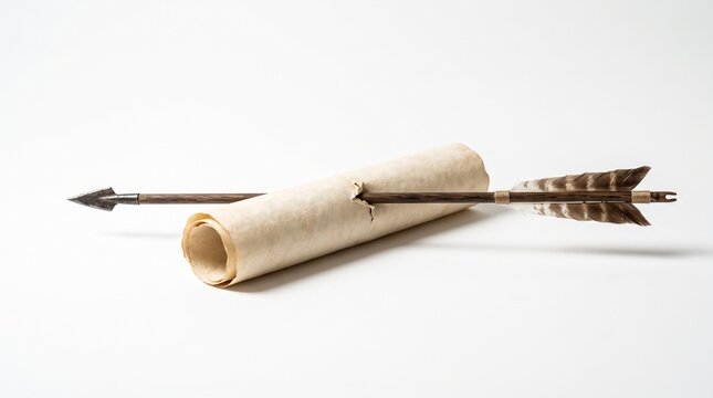 Arrow piercing a rolled parchment with a white background