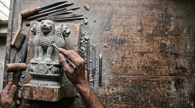 Sculptor carving ancient Ashoka pillar symbol with chisels and hammer