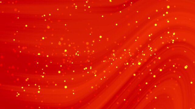 Abstract orange and red gradient background art with bright golden particles on vibrant scarlet fluid background, suitable for marketing materials, backgrounds, and digital designs.