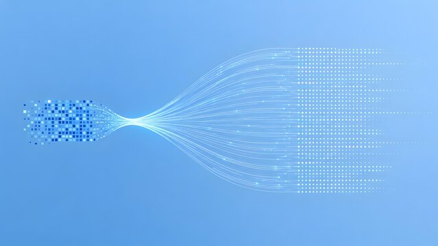 Abstract data visualization showing blue information blocks transforming into glowing fiber optic streams and scattering dots