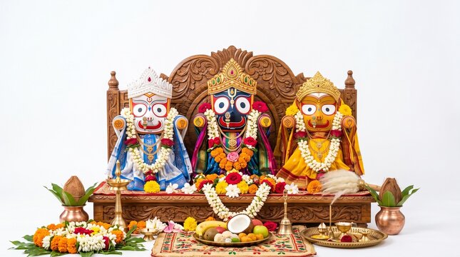 Deities Jagannath, Balabhadra, and Subhadra on ornate wooden altar