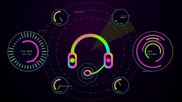 A digital streamer dashboard interface displays fluctuating audio levels and viewer metrics with vibrant neon gradient lines moving across a dark screen during a live broadcast