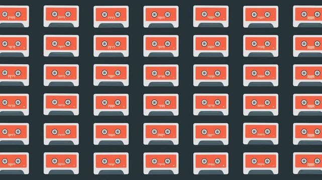 Animated retro cassette tape pattern featuring multiple colorful cassette tapes with spinning reels, changing tape levels, pulsing status lights and animated equalizer bars. Ideal for music.