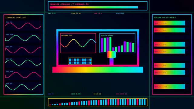 a colorful streamer dashboard interface displays complex system data patterns featuring multiple moving oscillating sound waves and bright neon graphical charts on a dark screen