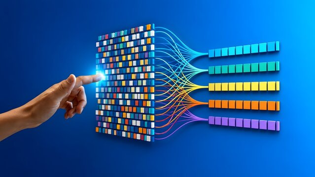 Hand interacting with a colorful 3D data pixel wall sorting information streams into organized color coded horizontal bars