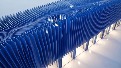Fototapeta premium Abstract architectural structure featuring wavy blue vertical panels creating dynamic rhythmic patterns in modern interior space