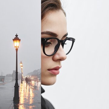 Young woman wearing glasses with a rainy city street reflection in a split screen view.