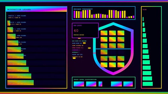 A digital streamer dashboard interface displaying animated moderation ledger analytics with vibrant neon bar charts and glowing shield iconography displayed on a dark virtual monitor screen