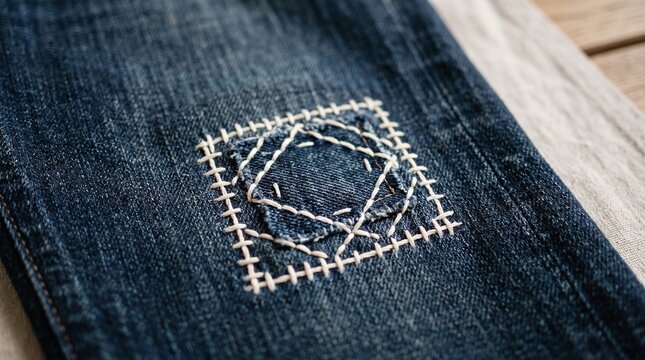Hand-stitched sashiko embroidery repair on dark indigo denim fabric with visible white thread detail