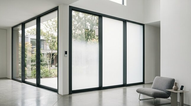 Modern smart glass window panels transitioning from clear to opaque in minimalist interior