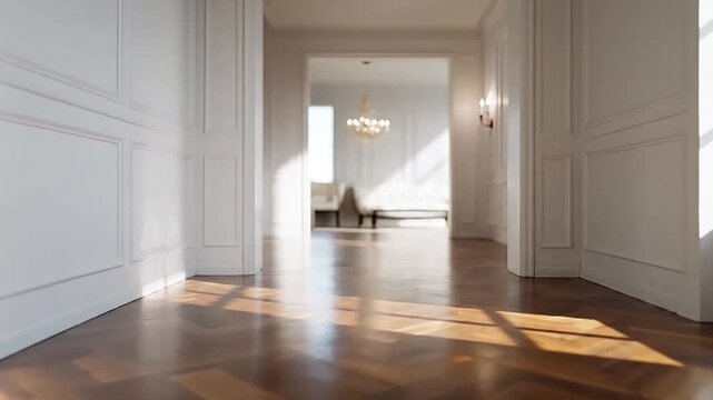 Bright modern hallway with sunlight and wooden floor.
