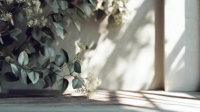 Indoor plants shadow play on sunlit white wall.