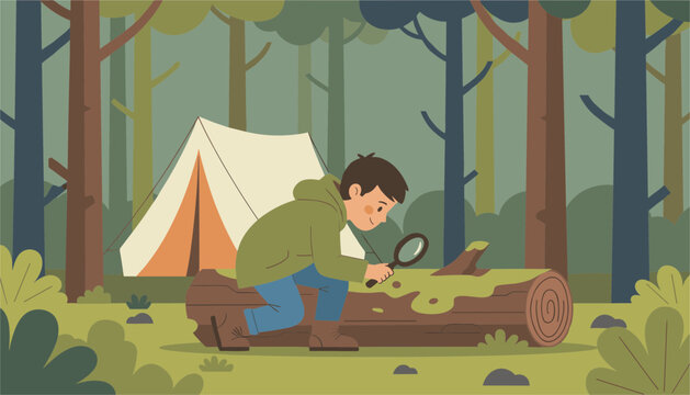 Curious young boy uses a magnifying glass to investigate moss on a fallen tree log near a small camping tent located within a serene forest landscape scenery.