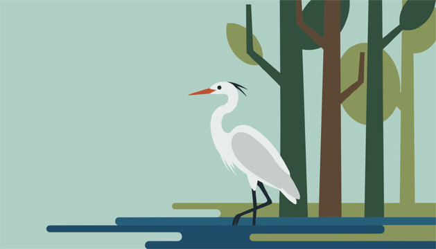Elegant white egret poses near dark trees and stylized water in this modern flat vector illustration of a peaceful natural habitat setting.