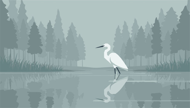 Graceful egret stands in calm water surrounded by a misty forest landscape in this serene and atmospheric flat vector nature illustration.