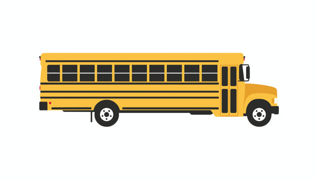 Large yellow school bus with side windows and tires stands isolated against a white background in this minimalist vector illustration style.