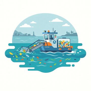 Ocean plastic trash skimmer boat collecting marine debris in a flat design illustration.
