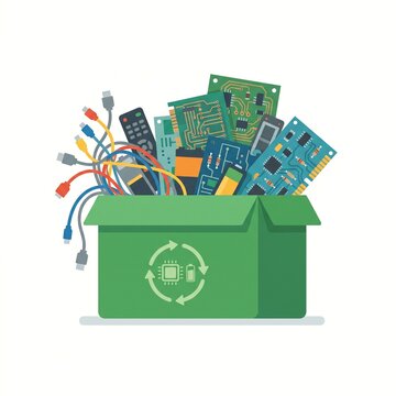 Electronic waste recycling box with circuit boards and cables in flat design style