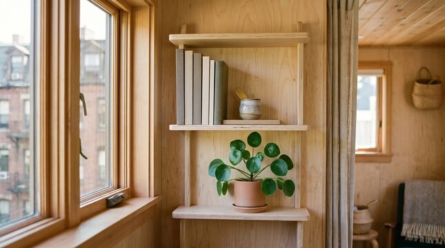 Minimalist wooden shelving unit with books and plant in a bright tiny apartment interior.