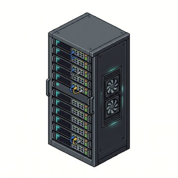 Isometric pixel art server rack with glowing data ports and cooling fans in flat design