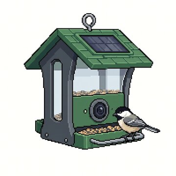 Smart bird feeder with camera and solar panel in pixel art style