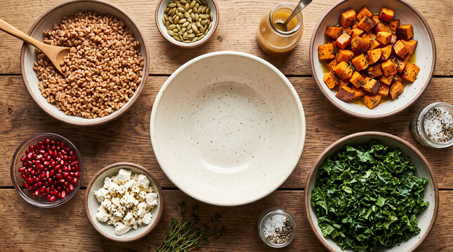 Grain bowl ingredients layout with farro roasted sweet potato kale feta cheese pomegranate seeds and dressing around central empty ceramic bowl overhead flat lay on wooden table