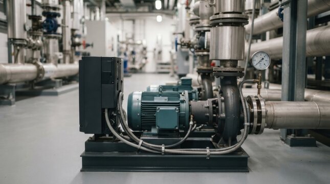 Variable-speed drive pumping system with centrifugal pump, electric motor, pressure gauge, and steel piping in an industrial service area.