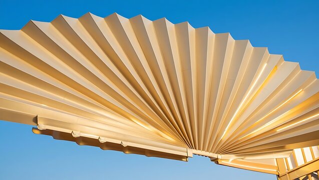 A beige retractable pleated awning canopy extended against a clear blue sky background