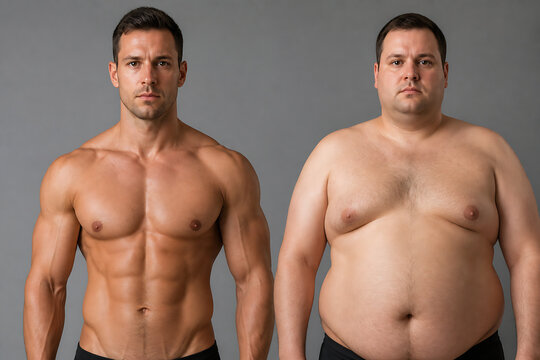 Two men, one muscular and fit, the other heavier set, are posing side-by-side against a plain gray background.