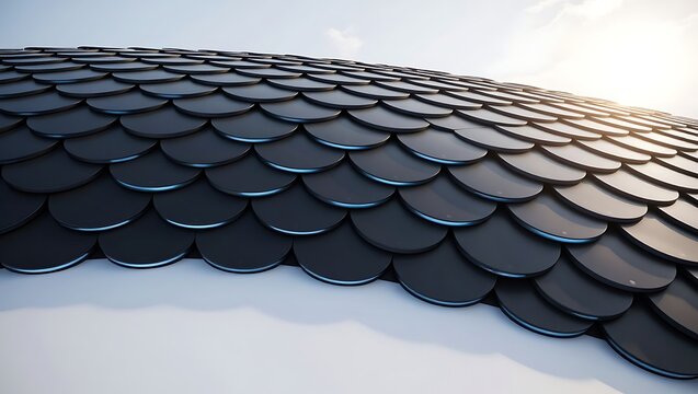 A curved roof covered with dark circular shingles against a bright sky background