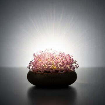Pink gypsophila flowers arranged in a round dark ceramic bowl on a reflective black surface with bright light rays radiating from behind on a gradient grey background.