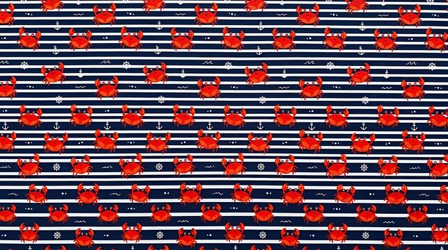 Summer Seamless Pattern Red Crabs Blue Stripes Dark Blue Nautical Background crabs red stripes blue dark blue seamless pattern summer nautical ocean sea crustacean marine hand drawn background