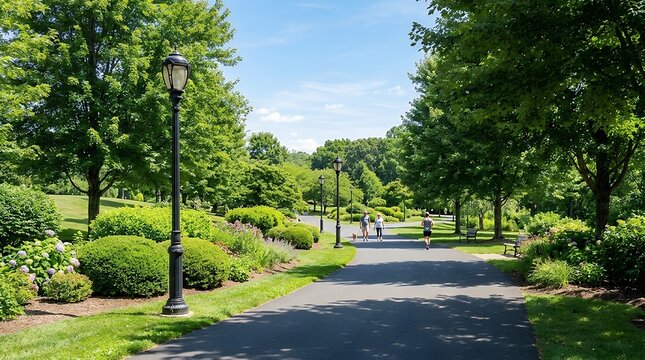 Scenic paved pathway winding through a lush public park surrounded by manicured shrubs tall trees and street lamps under a sunny sky background paved path green park public park park pathway city