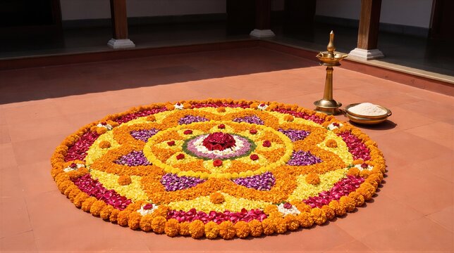 Pookalam floral carpet arranged on the floor for Onam festival. Traditional Indian flower rangoli design with a brass oil lamp. Festive home decoration for cultural celebration.